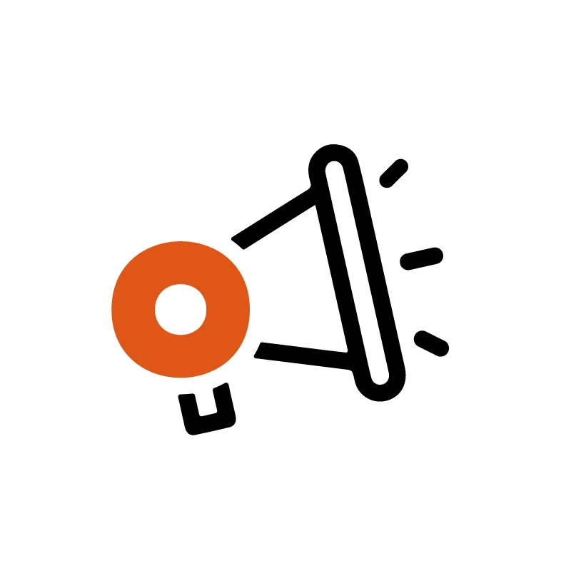 Icono de megáfono con diseño minimalista y detalle naranja.
