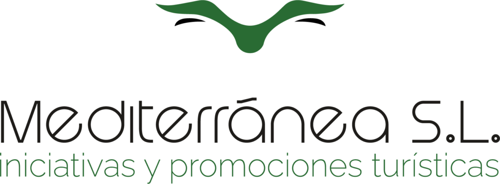 Logotipo de 'Mediterránea' con un diseño que incorpora una planta y el texto 'iniciativas y promociones'.