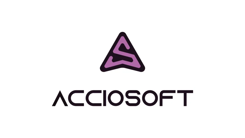 Logotipo de Acciosoft en negro y lila.
